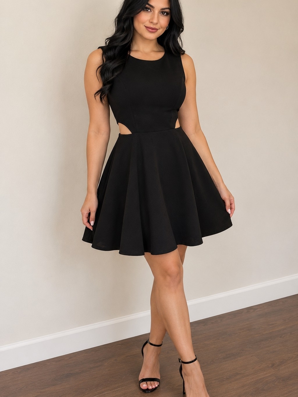 Black Sleeveless Fit-and-Flare Mini Dress with Side Cutouts